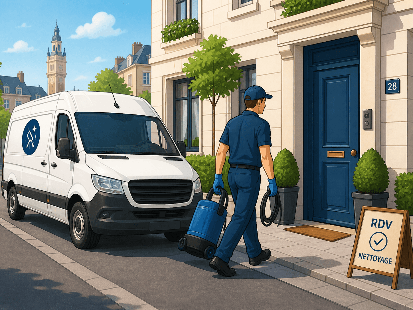 Agent d’entretien arrivant avec son matériel devant une maison lilloise