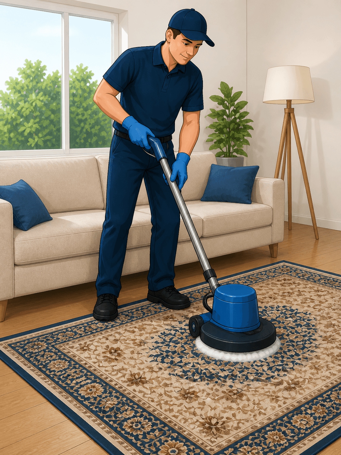 Agent d’entretien passant une monobrosse sur un tapis oriental dans un salon lumineux